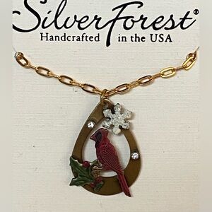 Silver Forest Cardinal Necklace with Holly Handcrafted 18" Surgical Steel USA